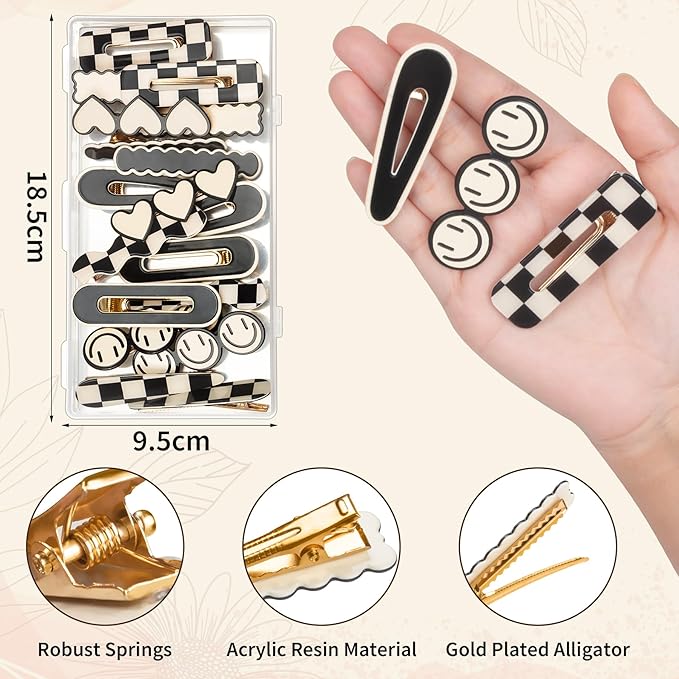 Gingbiss 18 Pcs Hair Clips for Women Girls, Black White Checker Cute Hair Barrettes with Storage Box, No Bend Korean Styling Minimalist Hair Accessories, Gift for Women Girls