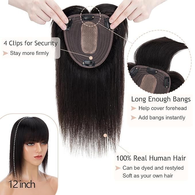 Hair Toppers for Women Real Human Hair With Bangs, 13 * 15 cm Larger Silk Base 150% Density Clip In Topper Hairpieces, Wiglet Top Pieces Add Volume -10 Inch 01B Natural Black