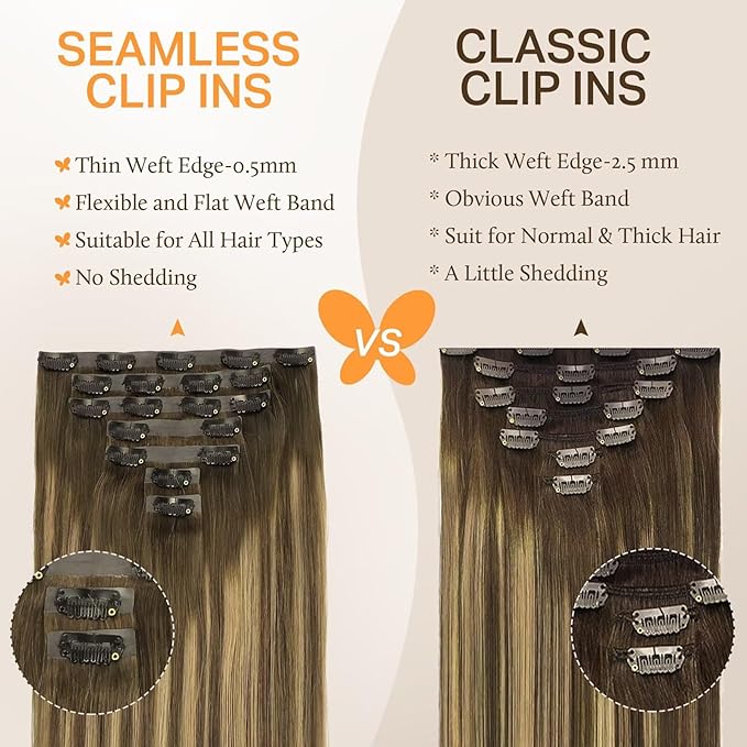 DOORES Seamless Clip in Hair Extensions, Chocolate Brown to Caramel Blonde 130g 7pcs 16 Inch Virgin Straight Human Hair Clip Extensions for Women