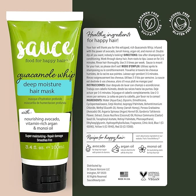 SAUCE BEAUTY Deep Conditioning Hair Mask (3.4 Fl Oz) Guacamole Whip Hair Mask for Damaged Hair & Frizz Control with Avocado, Honey, Monoi & Argan Oil, All Hair Types