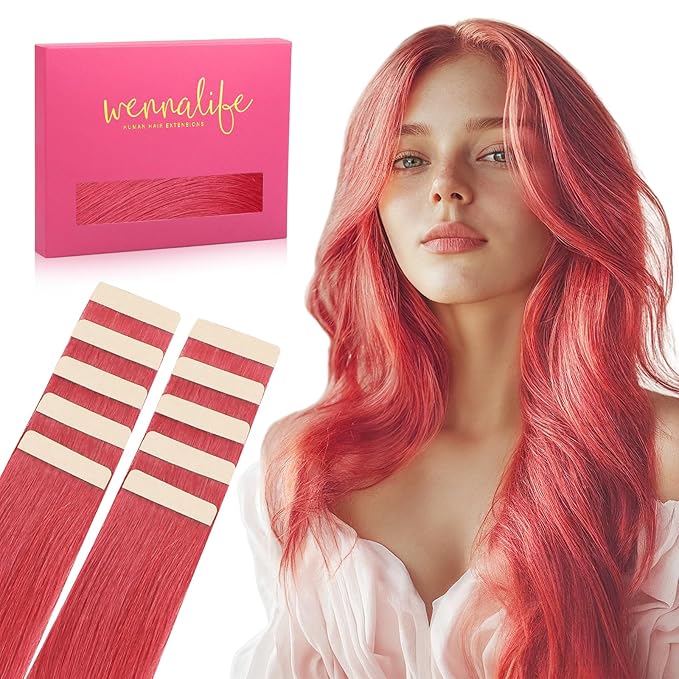 WENNALIFE Tape in Hair Extensions Human Hair Coral Red Tape in Extensions, 10pcs 25g 14 inch Remy Invisible Tape Ins Straight Colored Soft Real Human Hair Tape in Extensions Refill Set Extensions
