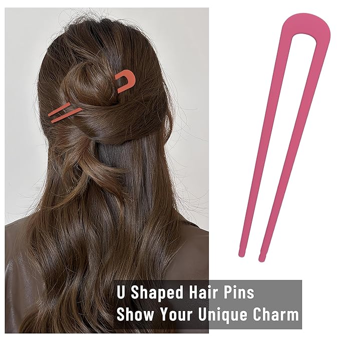 6Pcs Metal French Hair Pins for Women U Shape Sticks 3.9 Inch Vintage Fork for Hairstyle Accessories(Pink/Orange Red/Red)