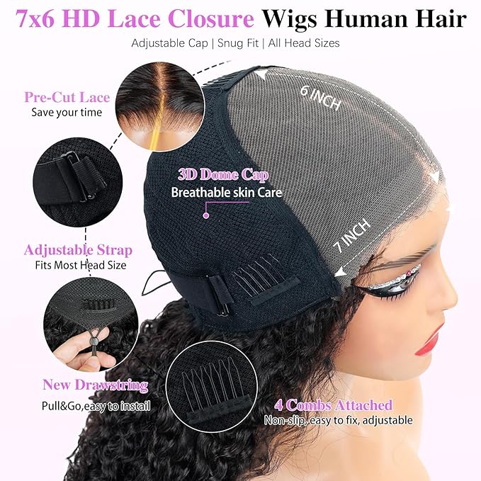 7x6 Burmese Curly Glueless Wigs Human Hair Pre Plucked Pre Cut 250% Density Drawstring Wig for Black Women 7x6 HD Lace Front Wigs Human Hair Glueless Wear and Go Nautural Color 30 Inch