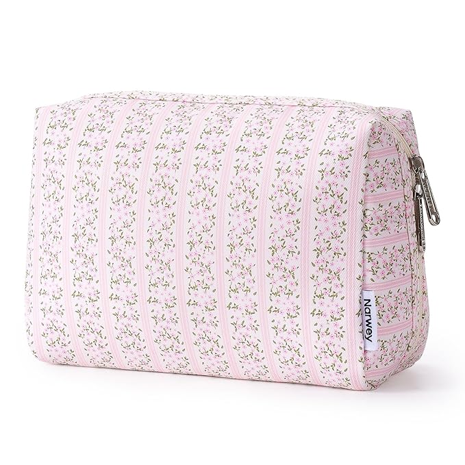 Narwey Cute Floral Makeup Bag Travel Cosmetic Bag Organizer Toiletry Bag Make Up Bags with Compartments for Women Girls (Pink Flower Buds, Large)