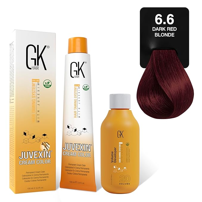 GK HAIR Global Keratin Reds 6.6 Dark Blonde Hair Color Cream Tube (3.4 Fl Oz/100ml) + 20 Volume Developer (5 Fl Oz/150ml) - Professional Permanent Long Lasting Toner Dye