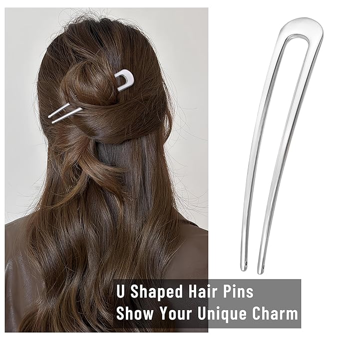 6Pcs Metal French Hair Pins for Women U Shape Sticks 3.9 Inch Vintage Fork for Hairstyle Accessories(Silver)
