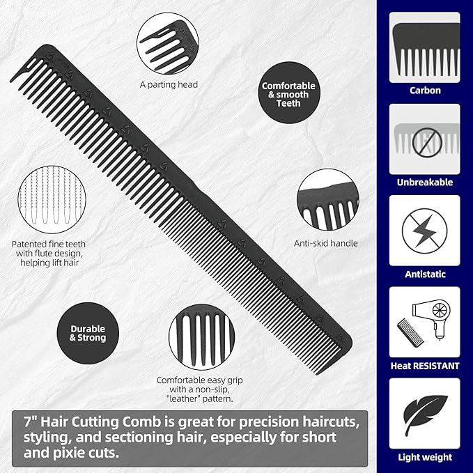 PERFEHAIR 2-Pack Professional Round Tooth Hair Cutting Comb - 7 Inch, Black Carbon Fiber Anti-Static & Heat Resistant, Durable Barber Combs with Fine & Wide Tooth for Precise Haircut for Men & Women