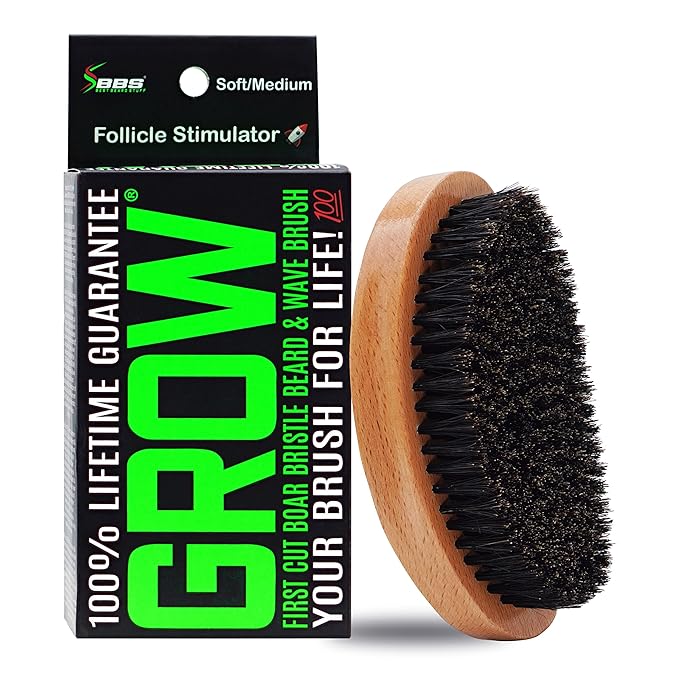 GROW Beard Brush & 360 Wave Brush for Men - Natural Boar Bristle For Fuller, Thicker Hair, Beard & Mustache - Premium Full-Size to Exfoliate, Strengthen Hair, Stimulate & Boost Growth