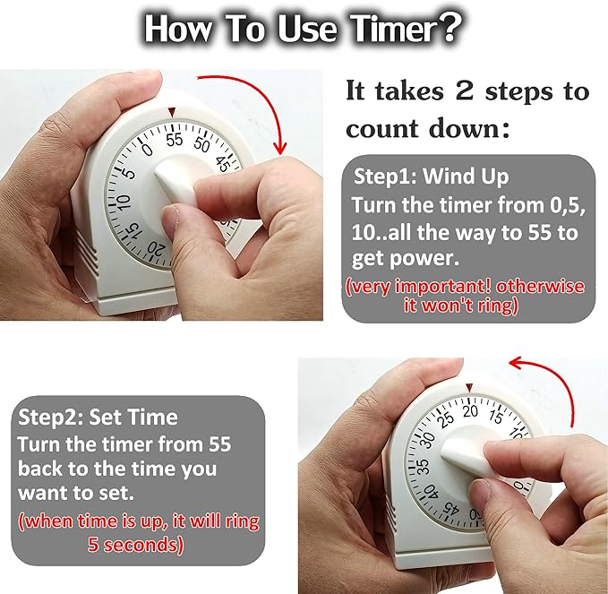 60 Minute Wind Up Timer, Visual Mechanical Timer with Loud Alarm, Manual Countdown Timers for Classroom, Home, Study and Cooking (White)
