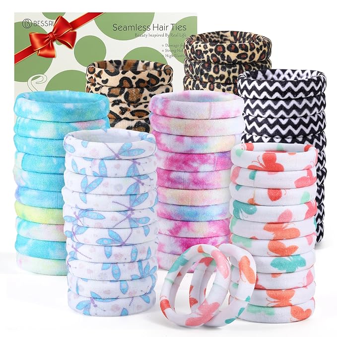 Bessrung 100 PCS No Damage Hair Ties for Women Girls, Soft Seamless Elastic Hair Bands for Ponytails, Thick Thin Hair,Stretchy Snag-Free Nylon Bow Hair Ties Christmas Gift (Leopard Print, Multicolor)