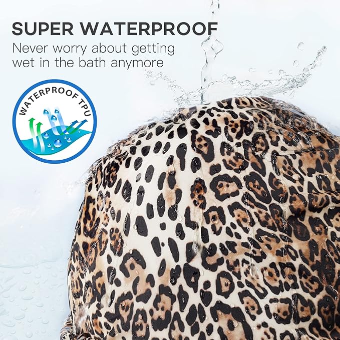 INNELO Luxury Shower Cap for Women Reusable Waterproof, Double Layered Shower Hair Cap with Adjustable Elastic Strap, Large Satin Lined Shower Bath Cap for Long Curly Straight Hair, Leopard