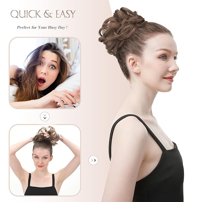 FESHFEN Messy Bun Hair Piece - Large Elastic Wavy Curly Hair Bun Scrunchies Ponytail Extensions Synthetic Chignon Hairpieces for Women, Dark Salt and Pepper 1.94oz
