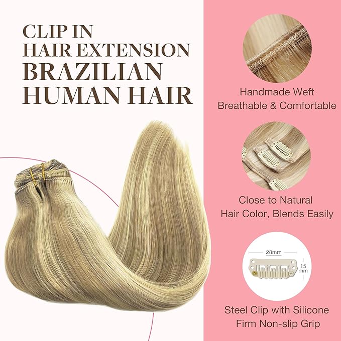 GOO GOO Clip in Hair Extensions Real Human Hair, Remy Human Hair Extensions Clip ins for Women, Natural Human Hair, 22inch 120g 7Pcs, 16/22 Light Blonde Highlighted Golden Blonde