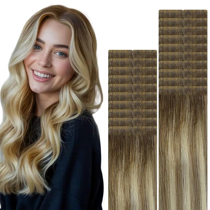 VINBAO Invisible Tape in Extensions Human Hair, 55g 20pcs Balayage Walnut Brown to Ash Brown and Blonde Seamless Injected Tape in Extensions Natural Look 20inch #3/8/22