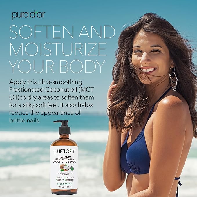 PURA D'OR 16.9 Oz ORGANIC Fractionated Coconut Oil (GLASS BOTTLE) USDA Certified MCT Oil – Therapeutic, Lightweight Moisturizer – Hexane Free Carrier Oil For Essential Oils, Massage – Face, Hair, Body