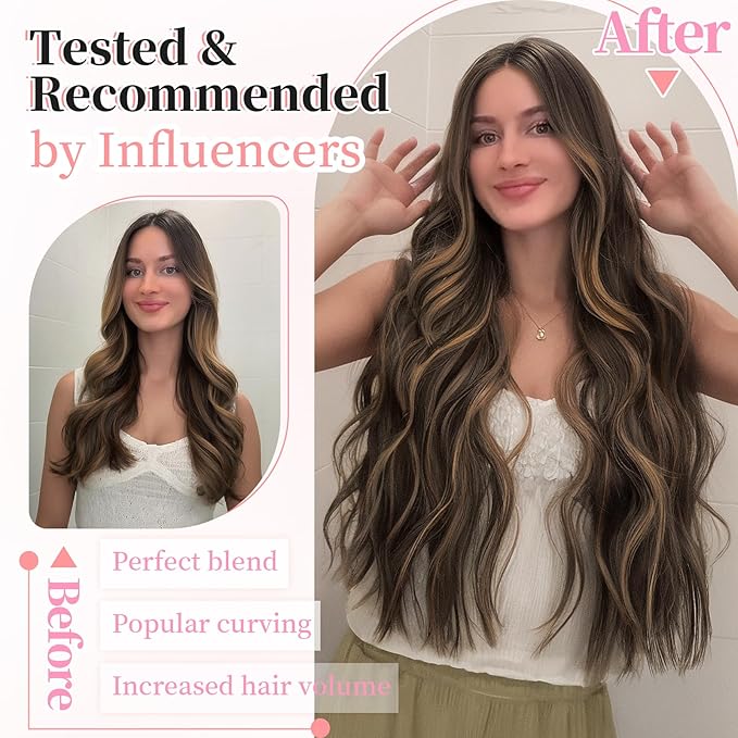 KooKaStyle Clip in Synthetic Hair Extensions Long Wavy 4PCS Thick Hairpieces Balayage Dark Brown to Chestnut Fiber Double Weft Natural Hair Extensions 16 Inch for Women