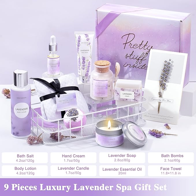 Gifts for Women, Birthday Gifts for Women, 9pc Lavender Bath and Body Gifts Set, Self Care Gifts Spa Gifts Basket, Relaxing Bath Sets for Mom, Girlfriend, Sister, Female Friends, Coworker