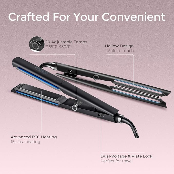 TYMO Flat Iron Hair Straightener - Upgraded Long Hollow Plates Straightener and Curler 2 in 1 for Fast Smooth Styling, Ceramic Hair Straighteners for Women, 15s Heat Up, 5 Billion Ions, Dual Voltage