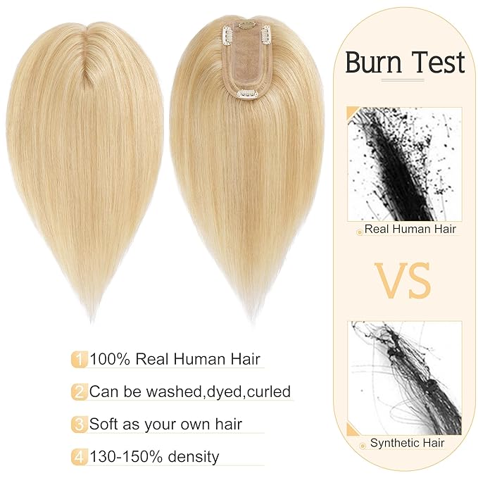 SEGO Human Hair Toppers for Women With Thinning Hair, 7 * 13CM Silk Base 100% Real Human Hair Clip in Top Wiglet Hairpieces -16 Inch No Bangs Ash Blonde&Bleach Blonde