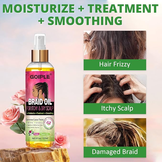 Braid Oil for Soothes Moisturizes Dry & Itchy Scalp- Braid Care for Dandruff and Thinning Edges- Braiding Scalp Oil for Locs & Twists Enhances Shine and Reduces Frizz Refreshes Dry Hair 8 fl oz