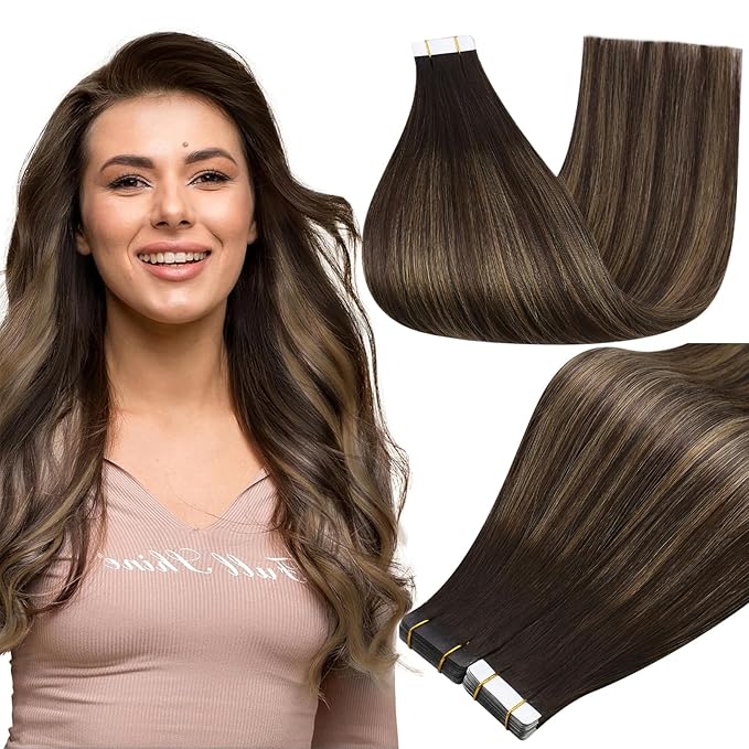 Full Shine Tape in Human Hair Extensions Balayage Tape in Hair 2/8/2 Dark Brown to Ash Brown Balayage Real Remy Human Hair Extensions Tape in Natural Hair 20pcs 30 Gram Double Sided Tape Hair 12 Inch