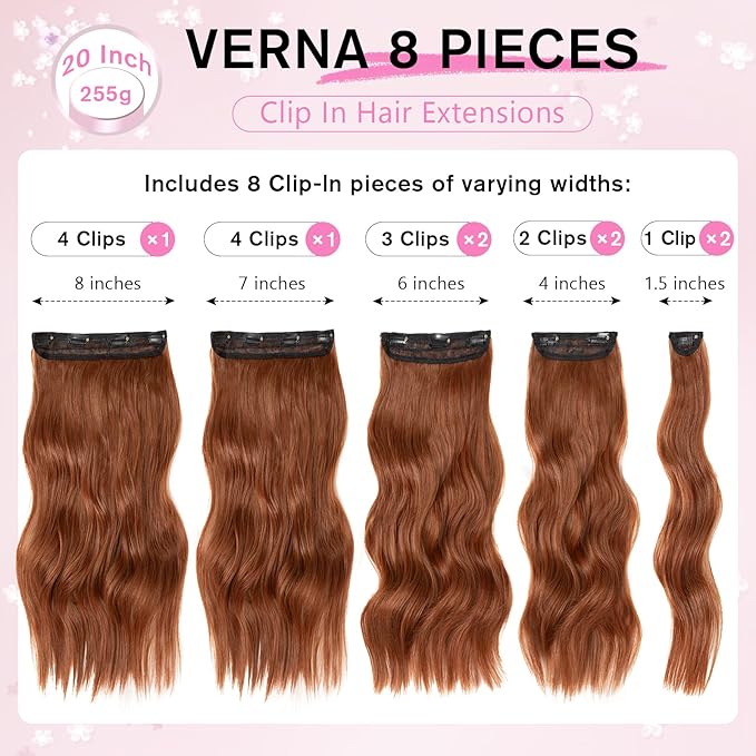 Clip in Hair Extensions for Women, 20 Inch Wavy Copper Hair Extensions Clip Ins, 8PCS Synthetic Soft Lace Weft Hairpieces for Women