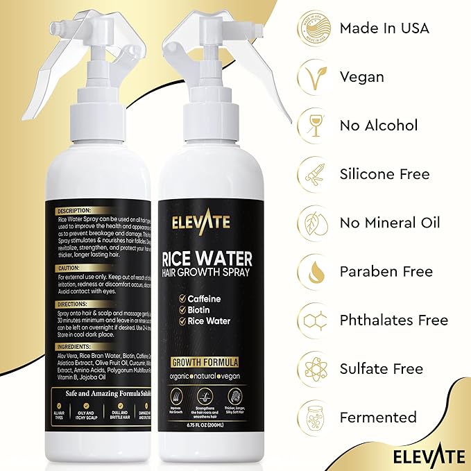 Elevate Rice Water Hair Growth Spray - Infused with Biotin, Caffeine & Aloe Vera for Thicker, Longer, Softer Hair - Fermented Leave In Mist for Thinning, Damaged Hair - Vegan & Non-Greasy
