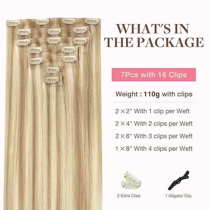 GOO GOO Clip in Hair Extensions Real Human Hair, Remy Human Hair Extensions Clip ins for Women, Natural Human Hair, 18inch 110g 7Pcs, 18A/613A Dark Blonde Highlighted Bleach Blonde