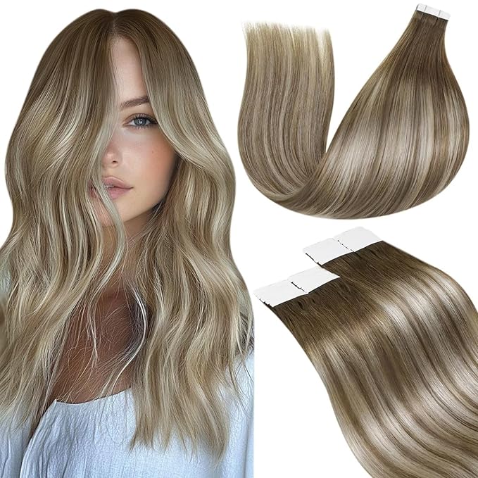 LaaVoo Tape in Hair Extensions Human Hair Balayage Light Brown Fading to Platinum Blonde with Brown Tape in Extensions Seamless Tape on Hair Extensions Soft Hair 22inch 20pcs 50g