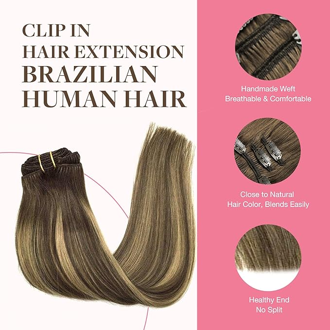 GOO GOO Clip in Hair Extensions Real Human Hair, Remy Human Hair Extensions Clip ins for Women, Natural Human Hair, 26inch 260g 9Pcs, #4/27/4 Balayage Chocolate Brown to Caramel Blonde