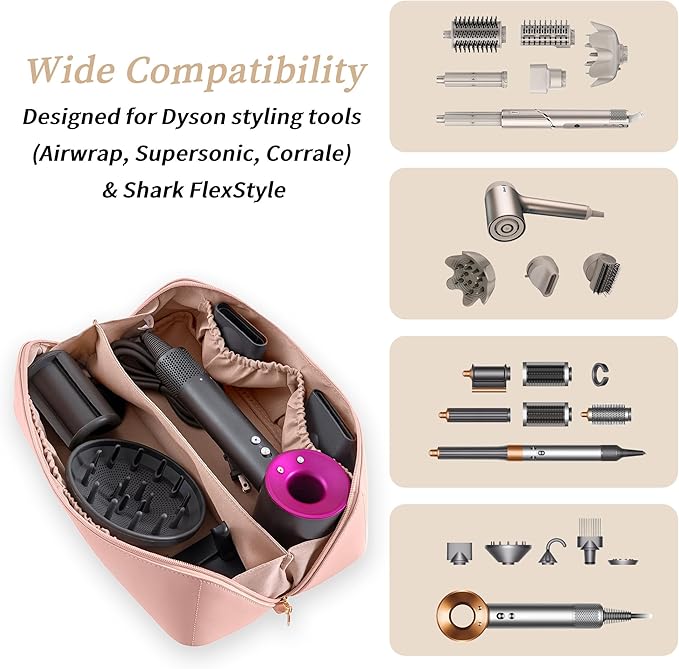 Travel Case Compatible with Dyson Airwrap Styler, Portable Supersonic Hair Dryer Travel Storage Bag, Waterproof Carrying Case Organizer for Shark Flexstyle and Attachments (Rose Pink)