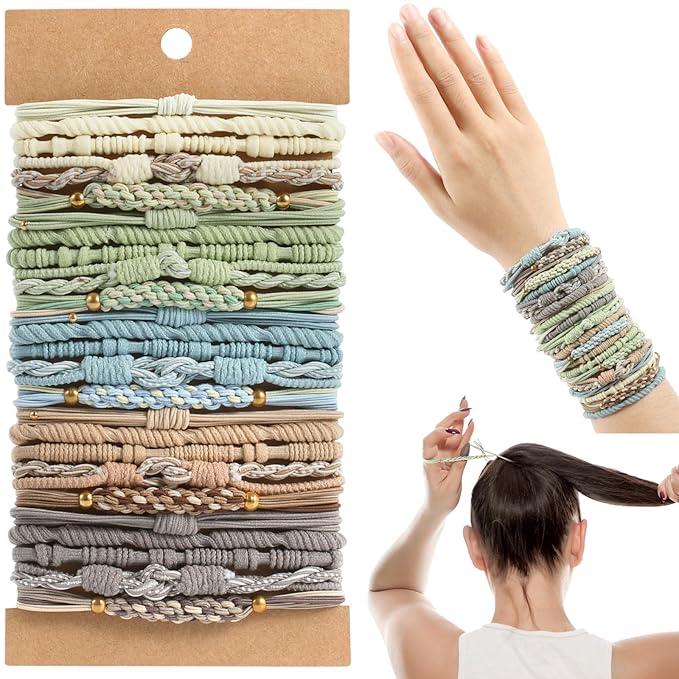 Boho Hair Ties with Beads, 25 PCS 5 Styles Cute Elastic Hair Bands for Thick or Thin Hair, No Damage Hair Tie Bracelets in Blue for Girls and Women