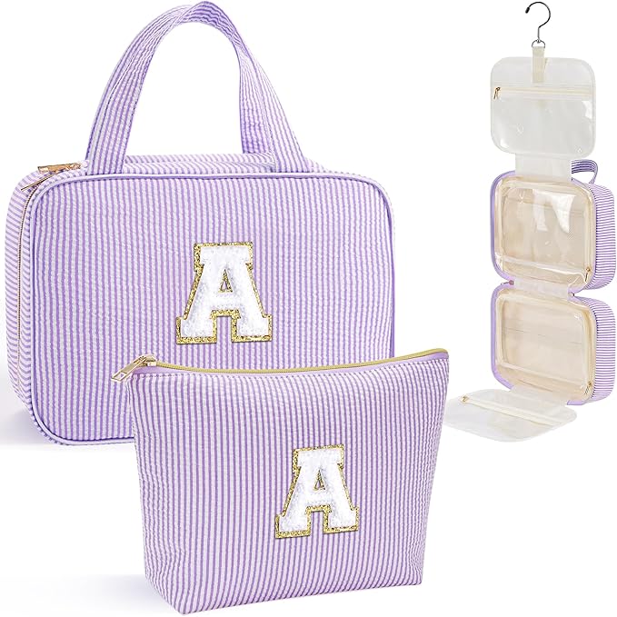 YOOLIFE Christmas Gifts for Women Teenage Girls Stocking Stuffers, Initial Hanging Toiletry Bag for Women Teen Girl, Travel Toiletry Bag Gifts for Mom Daughter Sister Friends, Letter A, Purple
