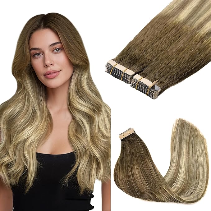 GOO GOO Tape in Hair Extensions Human Hair, 3/8/613 Walnut Brown to Ash Brown and Bleach Blonde, 12inch 80g 40pcs, Skin Weft Seamless Invisible, Silky Straight with Thick Ends, Remy Human Hair