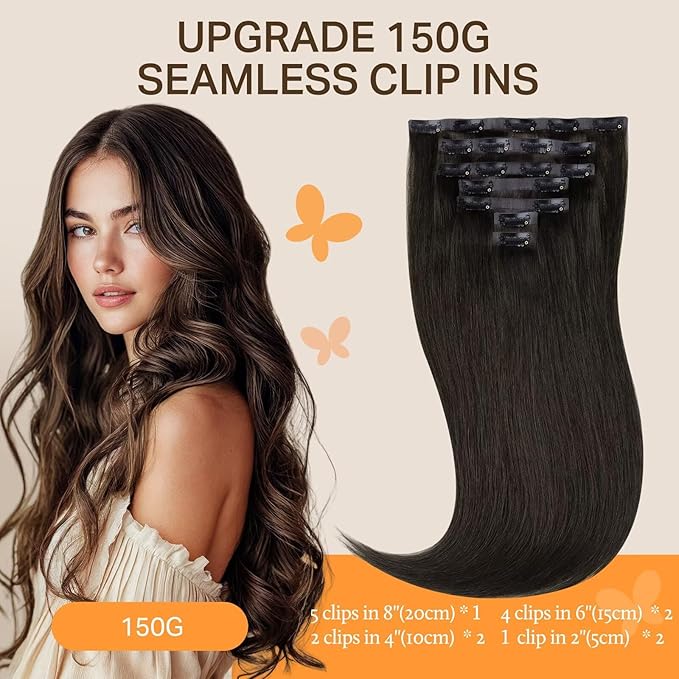DOORES Seamless Clip-in Human Hair Extensions, Mocha Brown 130g 9pcs 14 Inch, Invisi-Edge Real Remy Natural Thick Straight Hair