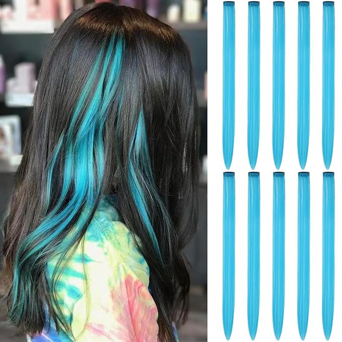 Colored Hair Extensions Clip In for Kids Girls Women, Teal Blue 10 Pieces Rainbow Color, 22 Inch Long Straight Highlights Party, Synthetic