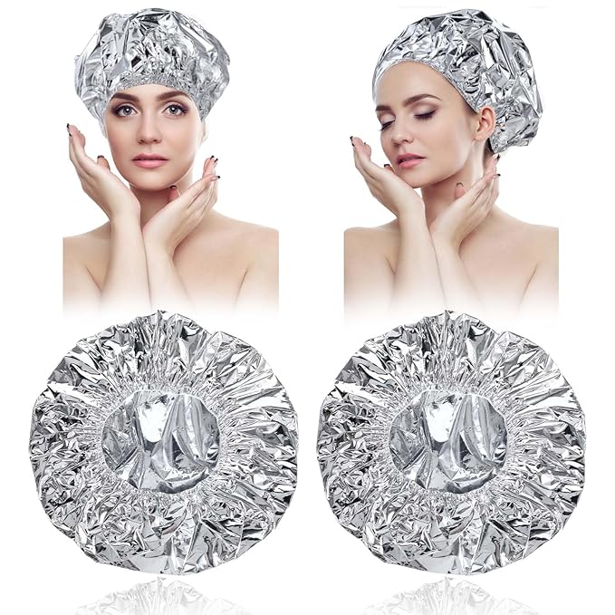 2pcs Deep Conditioning Hair Cap for Oil Treatment Heat Heated Shower Caps Reusable Aluminum Foil Double Layer Aluminum Foil Steam Caps for Home Salon Use Hair Dyeing Long Thick Hairs