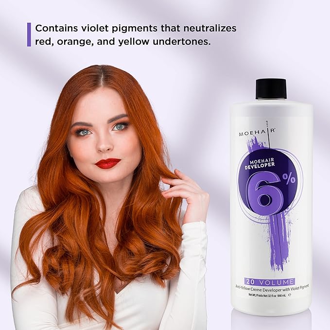 MOEHAIR Hair Color Developer 6% Hydrogen Peroxide | 20 Volume Cream Developer for Hair Coloring and Bleaching | Advanced Anti-Yellow Action | Salon-Grade | Paraben-Free | Peach Fragrance – 32 Fl. Oz
