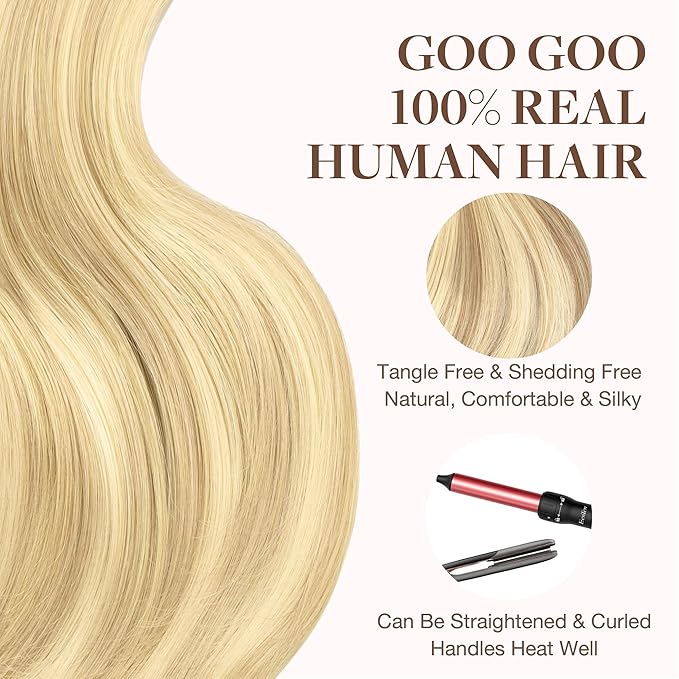 GOO GOO Tape in Hair Extensions Human Hair, 18D/22F Dirty Blonde Highlights, 10inch 30g 20pcs, Skin Weft Seamless Invisible, Silky Straight with Thick Ends, Remy Human Hair