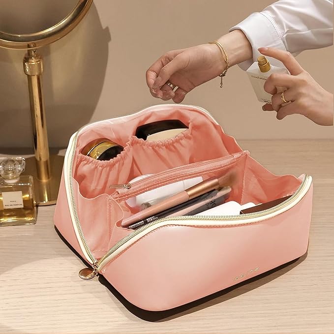 Prite Makeup Bag for Women Travel Waterproof Vegan Leather Cosmetic Bag Open Flat Toiletry Bag With Clear Divider and Handle (Large Pink)