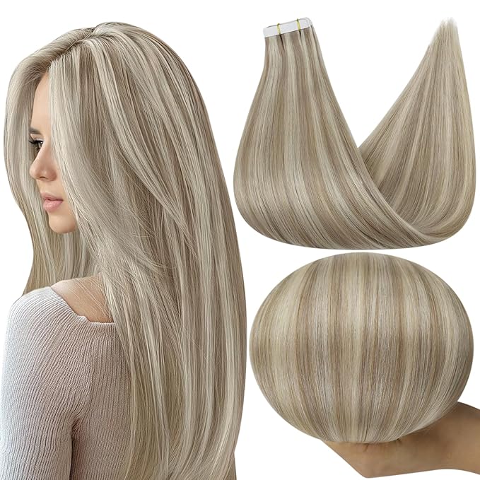 Full Shine Blonde Tape in Hair Extensions Human Hair Color 18 Ash Blonde And 613 Hair Extensions Tape in 16 Inch Straight Invisible Skin Weft 50Gram 20Pcs Seamless Tape ins Extensions for Party