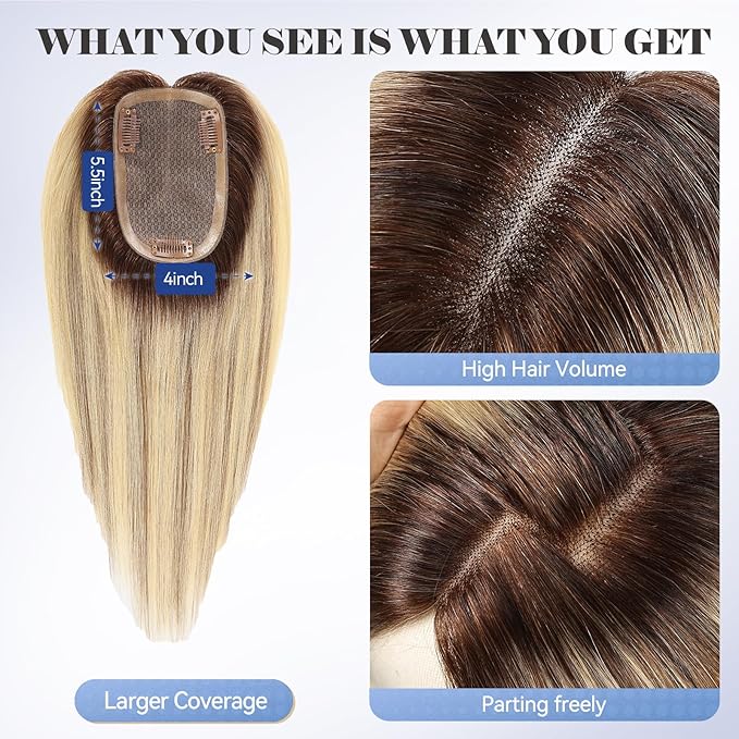 HAIRCUBE Hair Toppers 100% Real Human Hair,Ombre Blonde with Brown Highlight, 5.5"*4" MONO Large Base, 46g Hand-moven Real Human HairToppers for Women with ThinningHair