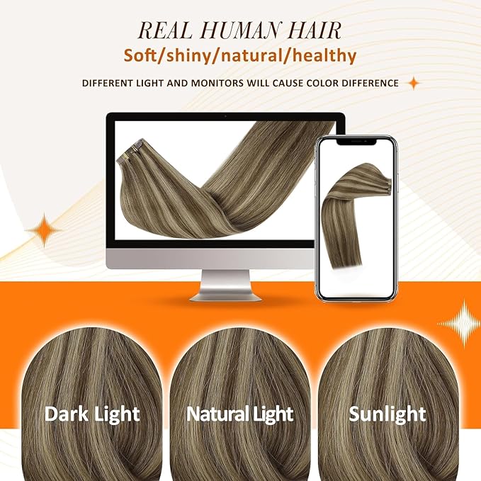 Full Shine Brown Clip in Hair Extensions Human Hair 14 Inch Dark Brown with Caramel Blonde Highlights Straight Hair Extensions for Women 8PCS 120G