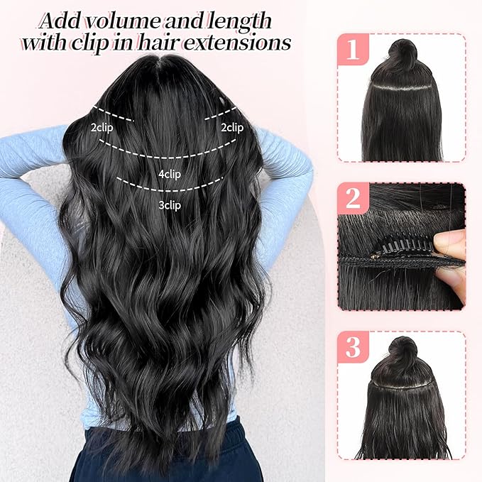 KooKaStyle Clip in Synthetic Hair Extensions Long Wavy 4PCS Thick Hairpieces Balayage Dark Brown to Chestnut Fiber Double Weft Natural Hair Extensions 16 Inch for Women