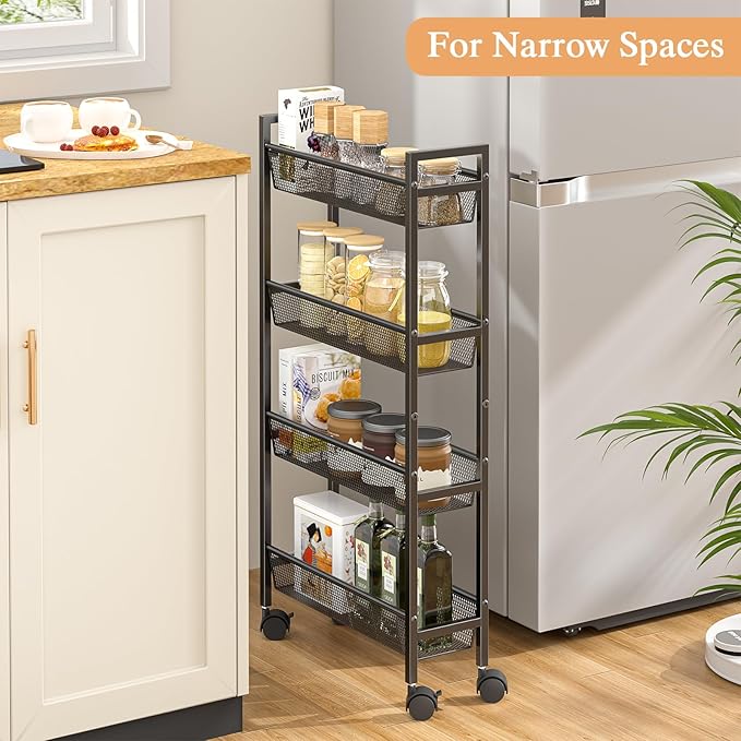Slim Storage Rolling Cart, 4 Tier Narrow Cart with Wheels, Metal Kitchen Carts for Small Spaces, Slide Out Storage Shelves Mobile Shelving Unit for Kitchen, Laundry Room, Bathroom, Living Room, 6in(W)