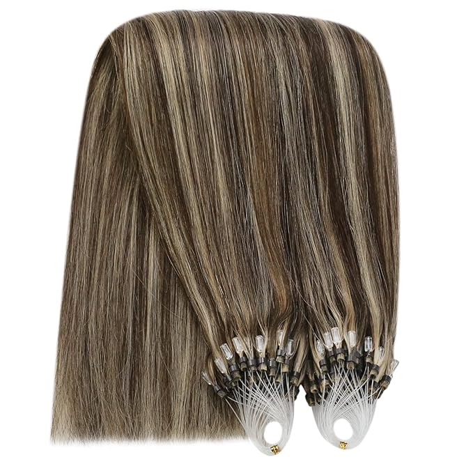 YoungSee Micro Bead Hair Extensions Real Human Hair Brown Highlight Micro Ring Hair Extensions Dark Brown Highlight Blonde Microlink Hair Extension Human Hair Beaded Hair Extension 18In 50s 50g