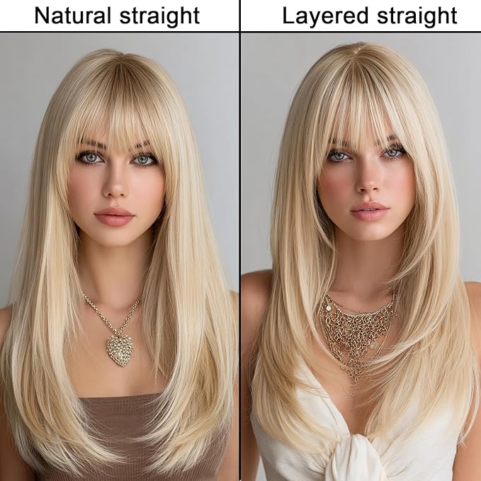 613 Blonde Wig With Bangs Long Wavy Straight Wig with Layered Hair Synthetic Heat Resistant Wigs for Women Daily Party Use 26 Inches