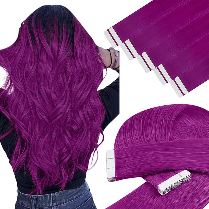YoungSee Purple Tape in Human Hair Extensions Purple Hair Extensions Tape in 10pcs 25g Color Human Hair Tapes 16 Inch Tape on Extension Diy Your Hairstyle