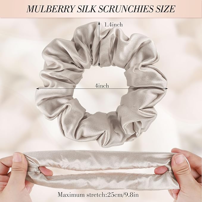 4 Pack Mulberry Silk Scrunchies, Brown Silk Hair Ties for Hair Sleep No Damag Satin Scrunchies Valentines Day Gifts for Wife