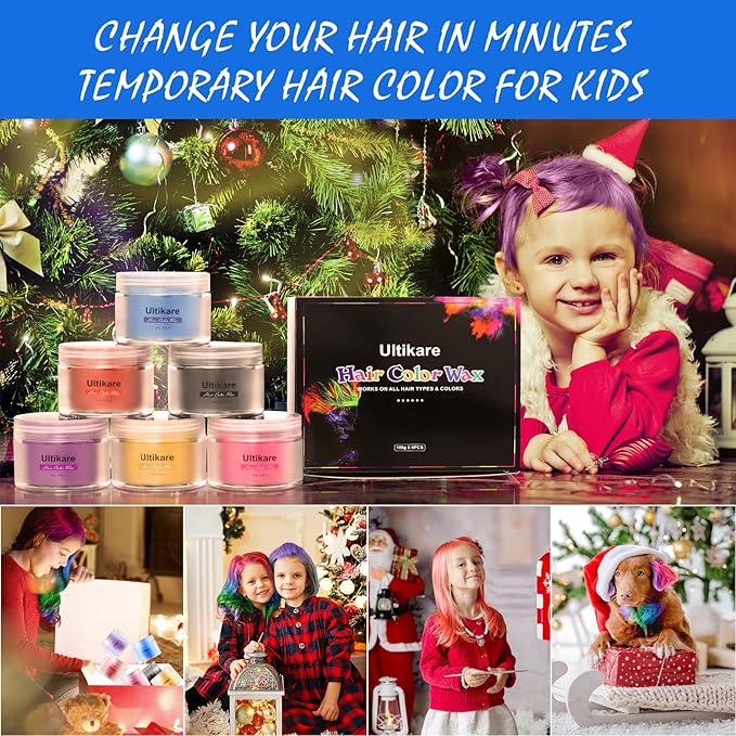 Temporary Hair Color for Kids, Ultikare Red Hair Dye Washable Natural Hair Wax Color Chalk Mud Cream DIY Hairstyle Clay For Dark Hair Halloween, Cosplay, Party, Christmas Gift Girls 3.4 Fl Oz 6 colors